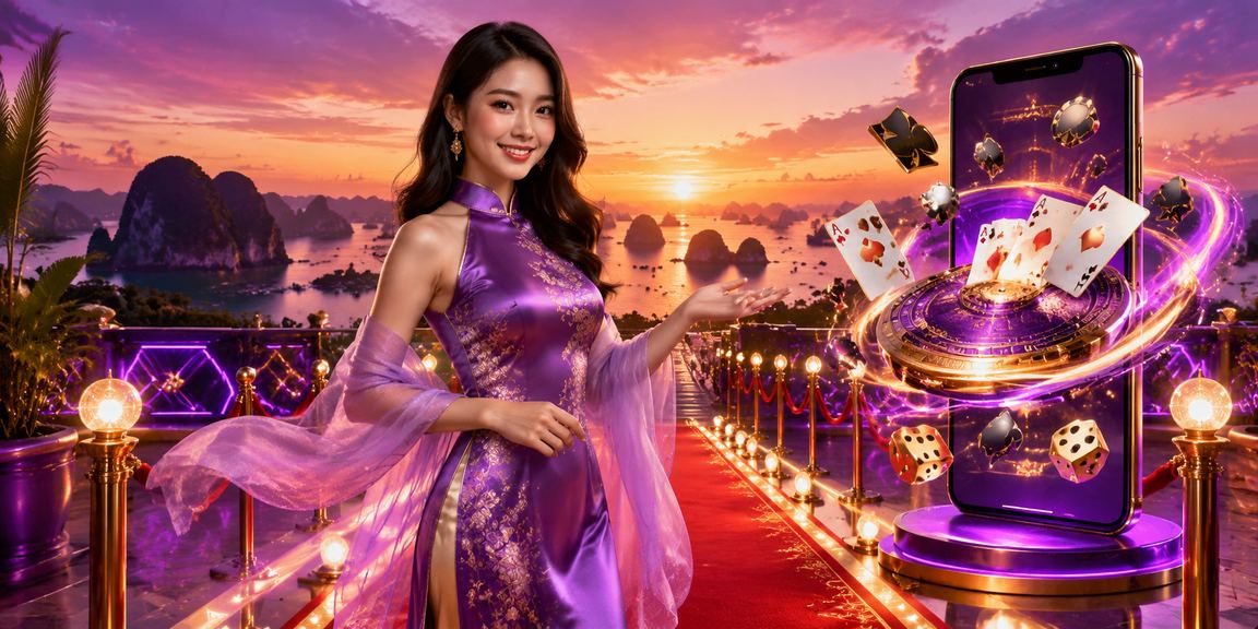 Khung cảnh Vịnh Hạ Long kết hợp hình ảnh game bài truyền thống và áo dài Việt Nam